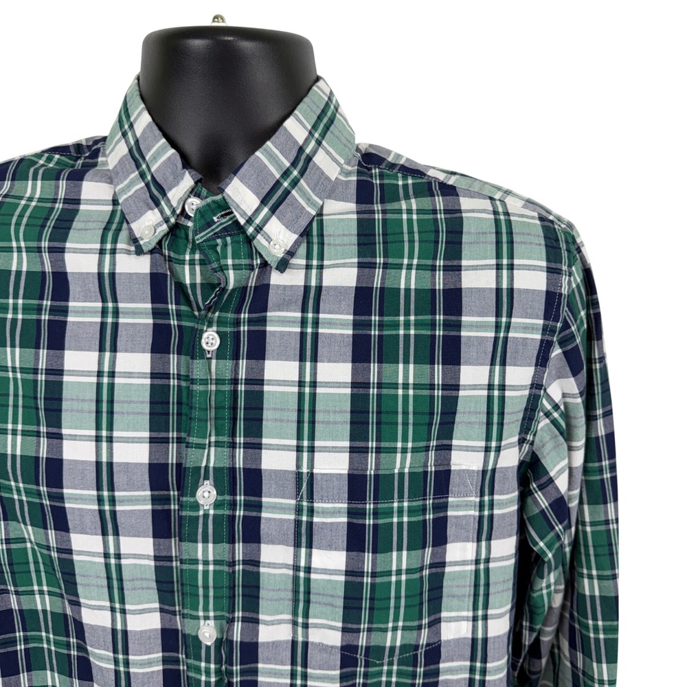 J. Crew Mercantile Flex Mens Medium Plaid Button Down Shirt Green Navy Blue Long